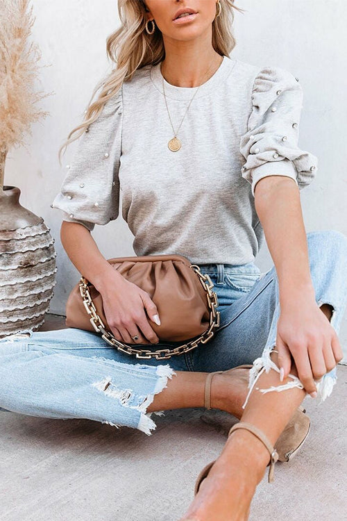 Crewneck Rhinestone Bubble Half Sleeves Pullover Top