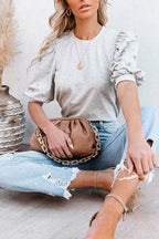 Crewneck Rhinestone Bubble Half Sleeves Pullover Top
