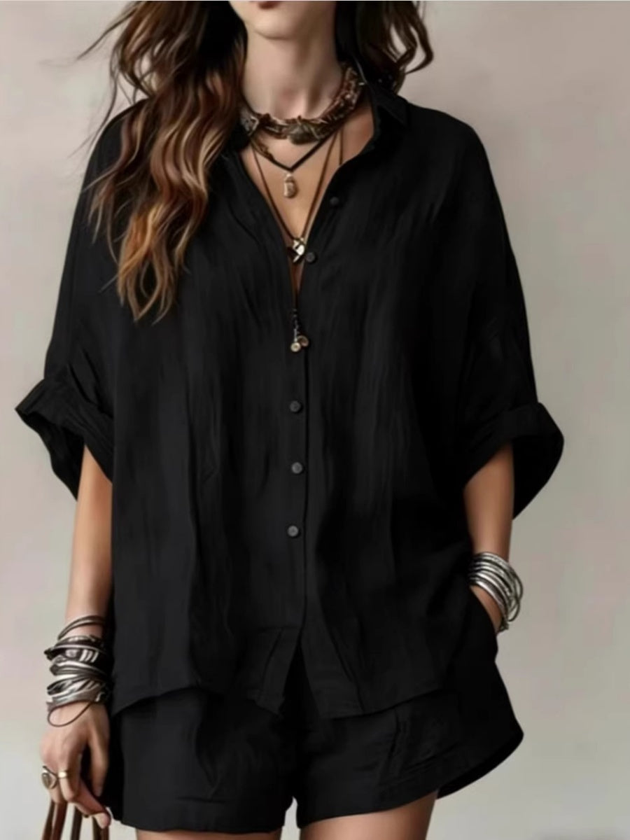 Blended Loose-fit Mid-length Sleeves Shirts Shorts Set 2-piece Sets