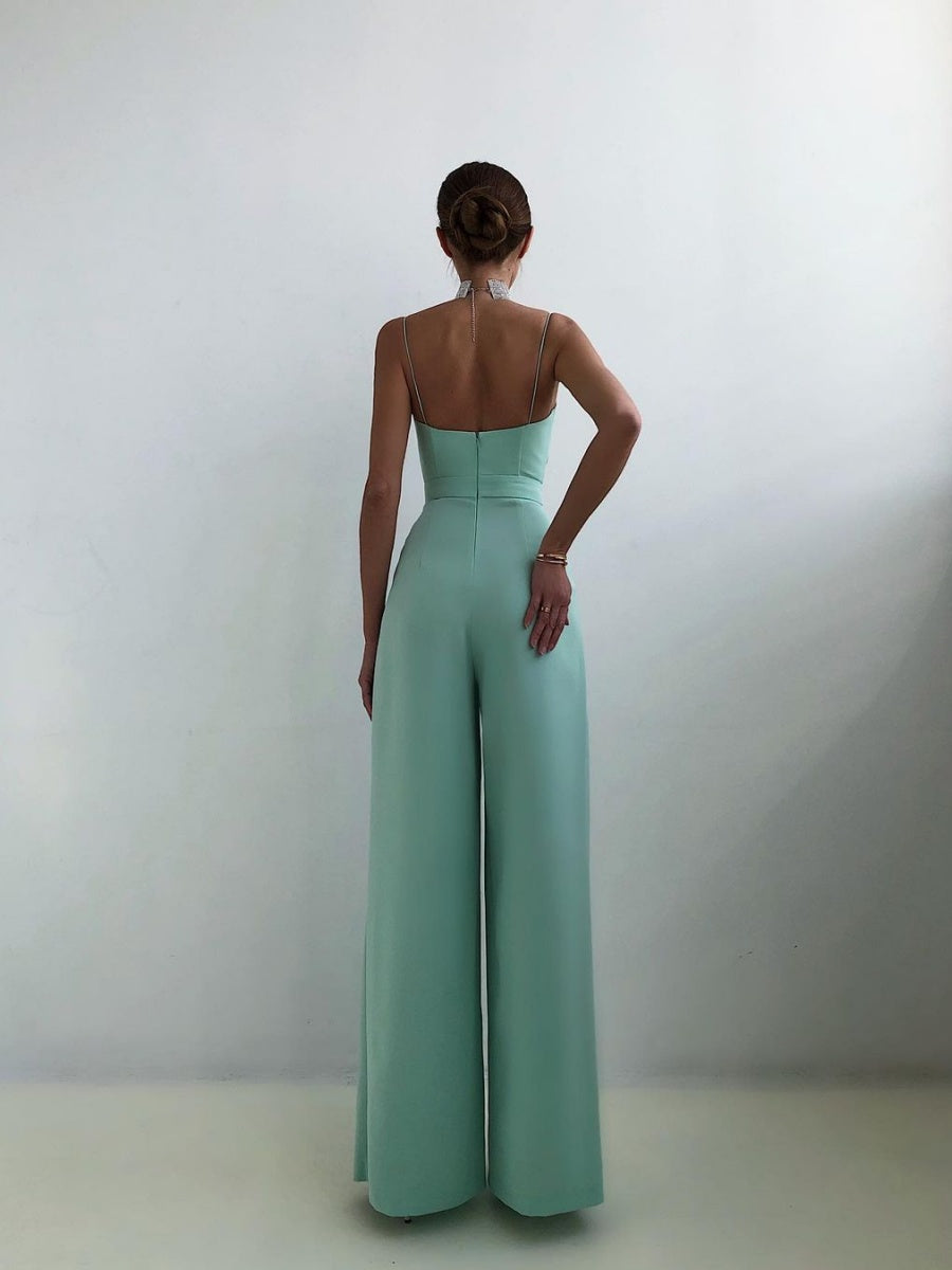 Minimalist Jumpsuit With Suspenders, Cinched Waist, Straight Leg, And Floor-length