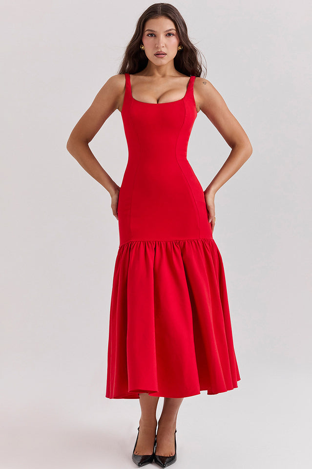Sleeveless Scoop Neck Princess Seam Dropped Waist Gathered Flounce Midi Dress