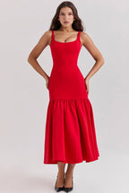 Sleeveless Scoop Neck Princess Seam Dropped Waist Gathered Flounce Midi Dress
