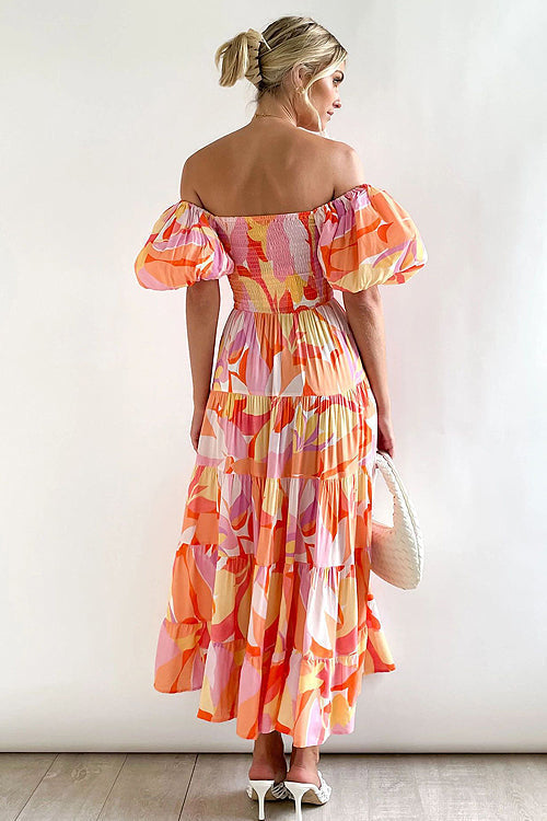 Off Shoulder Smocked Tiered Abstract Circle Print Maxi Dress