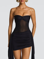 Mesh-paneled, Elegant Ribbon-trimmed Solid Color Strapless Short Dress