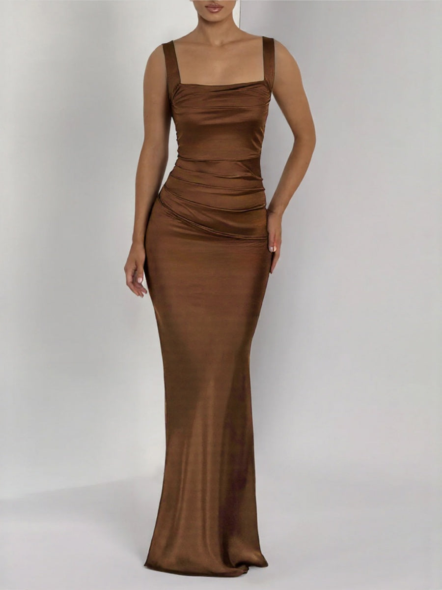 Dark Brown Satin Square Collar Pleated Maxi Dresses