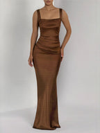 Dark Brown Satin Square Collar Pleated Maxi Dresses