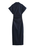 V-neck Short Sleeve Waist Hip-hugging Button Slit Commuting Temperament Maxi Dresses