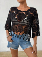 Crocheted Openwork Knit See-through Top, Solid Color Beach Bikini Cover-up