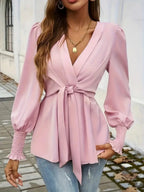 V-neck Tie-waist Solid Color T-shirt