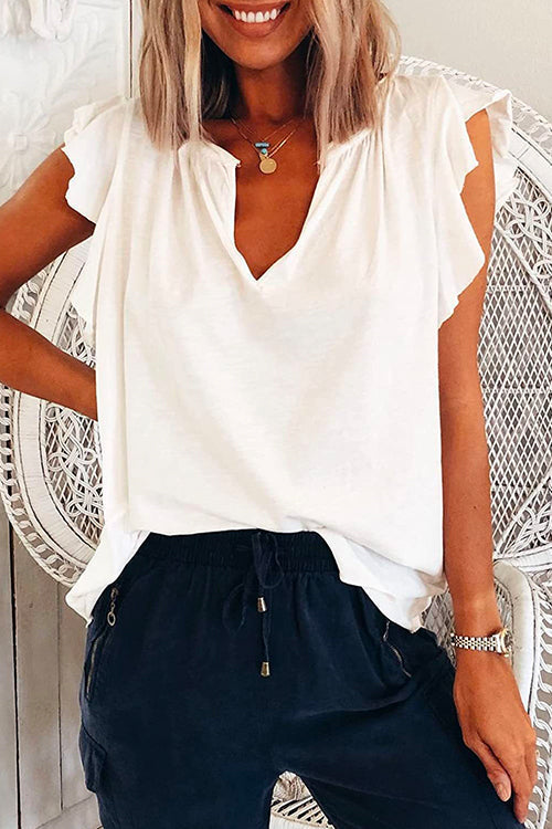 V Neck Solid Ruffle T-shirt
