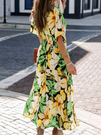 V-neck Short-sleeved Floral Print High-slit Long Dress