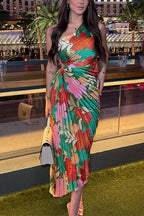 One Shoulder Cut Out Asymmetric Hem Floral Print Pleated Maxi Dress