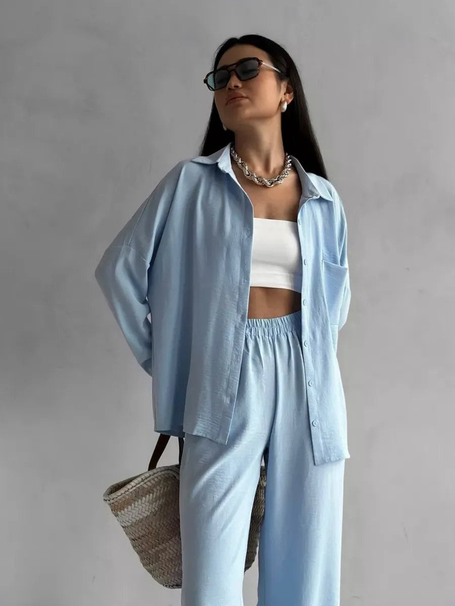 Solid Color Cardigan With Pockets, Casual Wide-leg Trousers 2-piece Sets