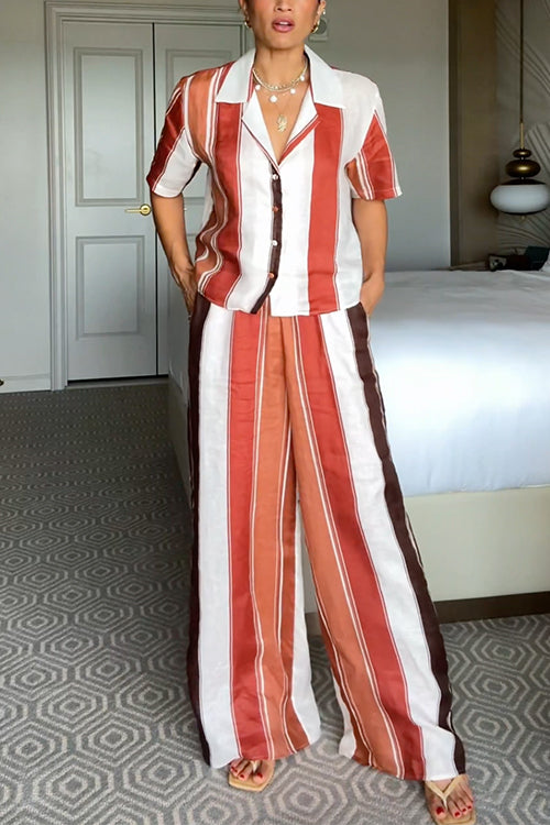 Striped Short Sleeves Button Down Shirt Wide Leg Pants Set