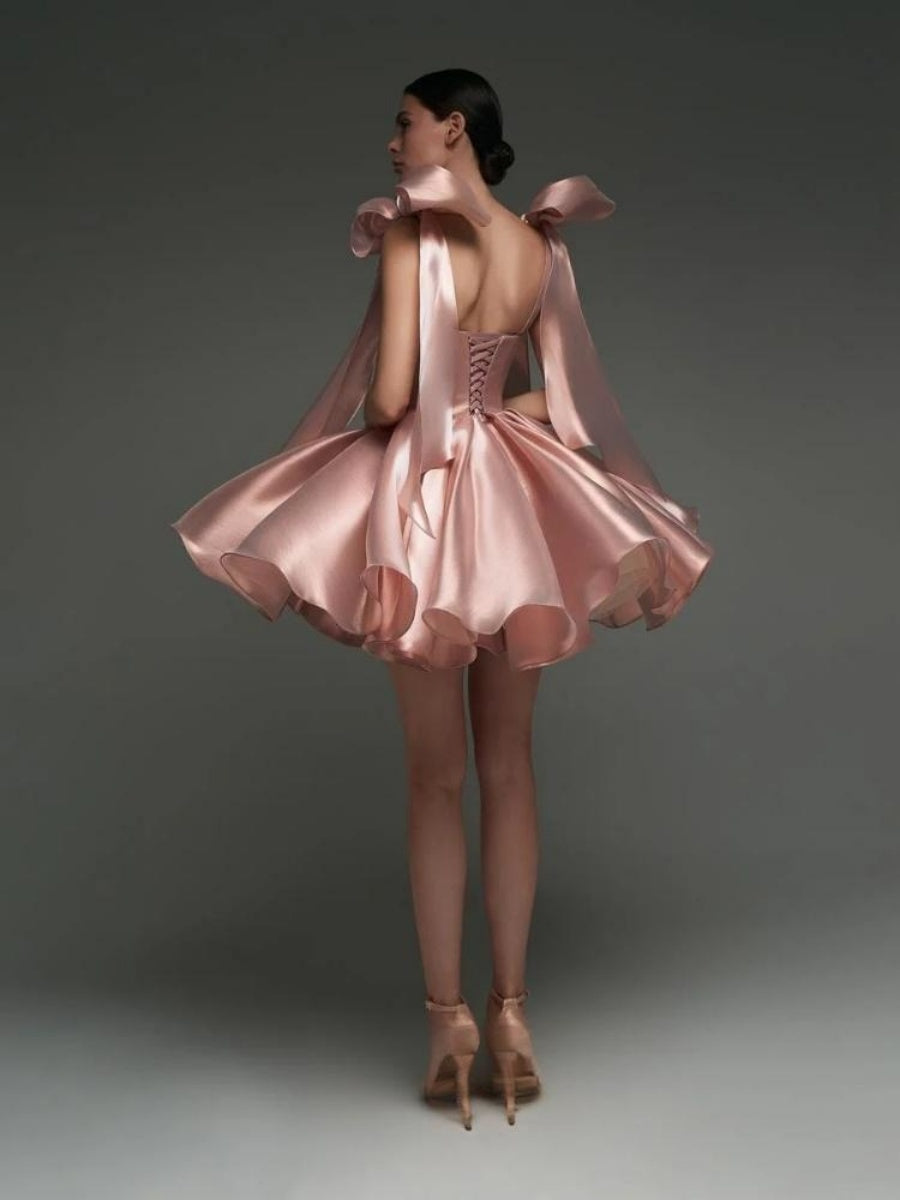 Glossy Fabric, Bow Design, Spaghetti Strap Mini Dress