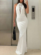 Halter Hollow Splicing Lace Sexy Slit Maxi Dresses