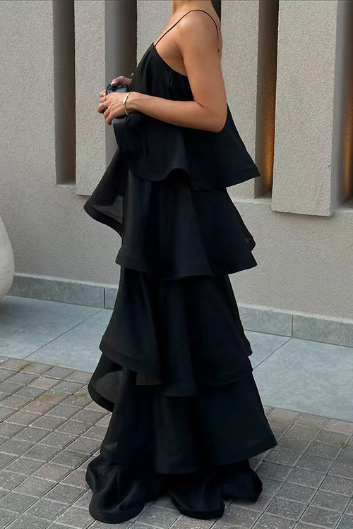 Adjustable Strap Ruffle Layered Satin Maxi Dress