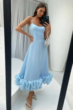 Spaghetti Strap Scoop Neck Flounce Ruffle Hem A-Line Midi Dress