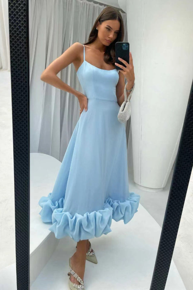 Spaghetti Strap Scoop Neck Flounce Ruffle Hem A-Line Midi Dress