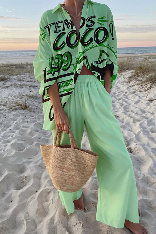 Long Sleeves Button Up Shirt Wide Leg Pants Printed Holiday Set