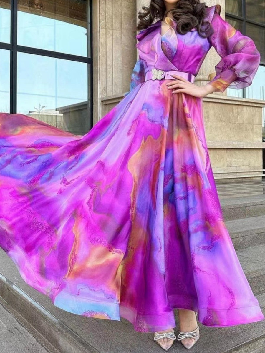 Gradient Print Mesh Long Dress