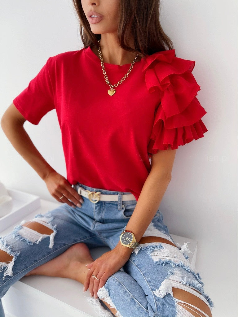 Ruffled Short-sleeved Crew Neck T-shirt