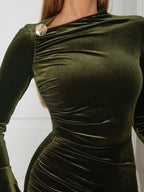 Velvet Long Sleeve Metal Decoration Slit Hip Maxi Dresses