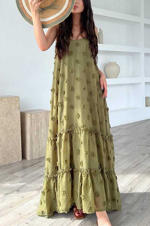 Floral Appliques Ruffle Trirm Swimg Maxi Cami Dress