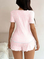 Heart-print Collared Short-sleeved Shirt And Shorts With Bow Tie - A Loungewear Set That Can Be Worn As Outerwear.
