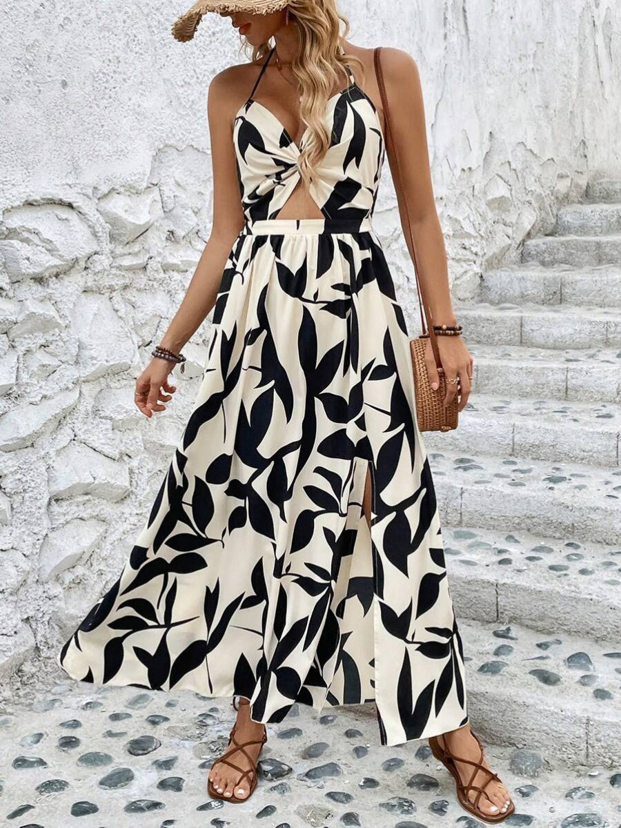 Leaf Print Hollow-Out Pleated Halter Neck Long Dress