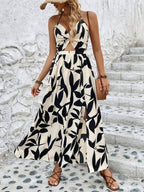 Leaf Print Hollow-Out Pleated Halter Neck Long Dress