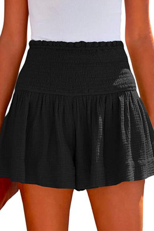 Elastic Smocked Waist Wide Leg Solid Shorts