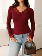 V-neck Lace Trim Waist T-shirts