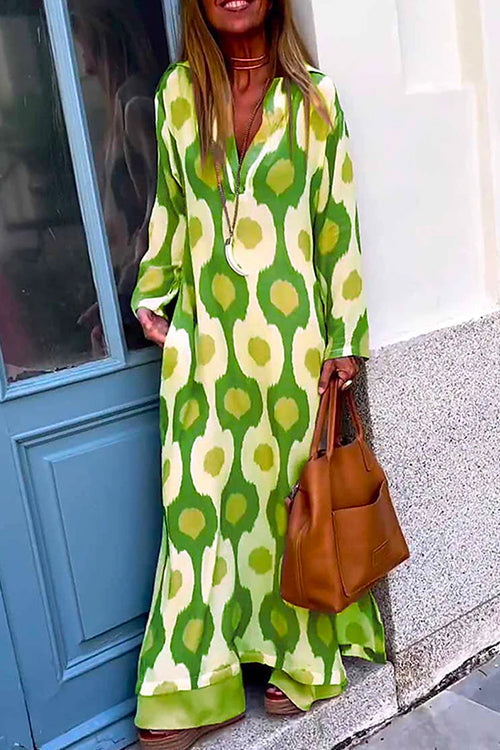 V Neck Side Split Printed Maxi Holiday Dress