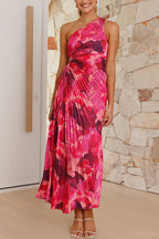 One Shoulder Asymmetrical Pleated Floral Maxi Dress