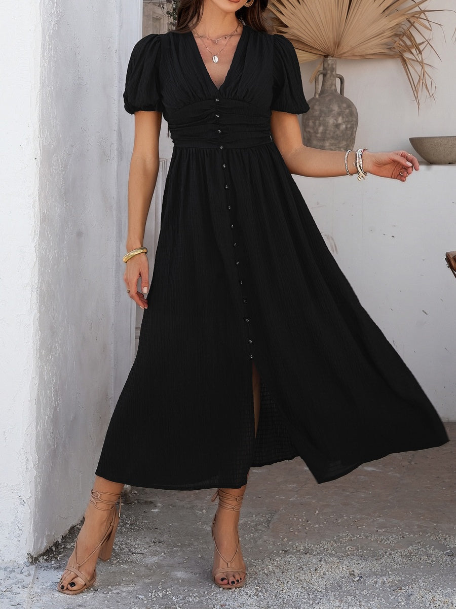 Slit Short Sleeve V-neck Vacation And Leisure Maxi Dresses