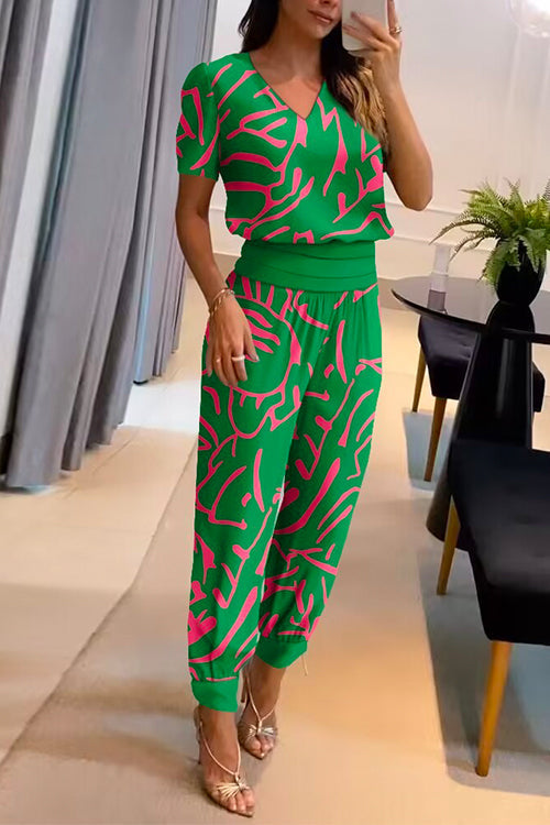 V Neck Short Sleeve Tunic Top High Waist Harem Joggers Printed Set