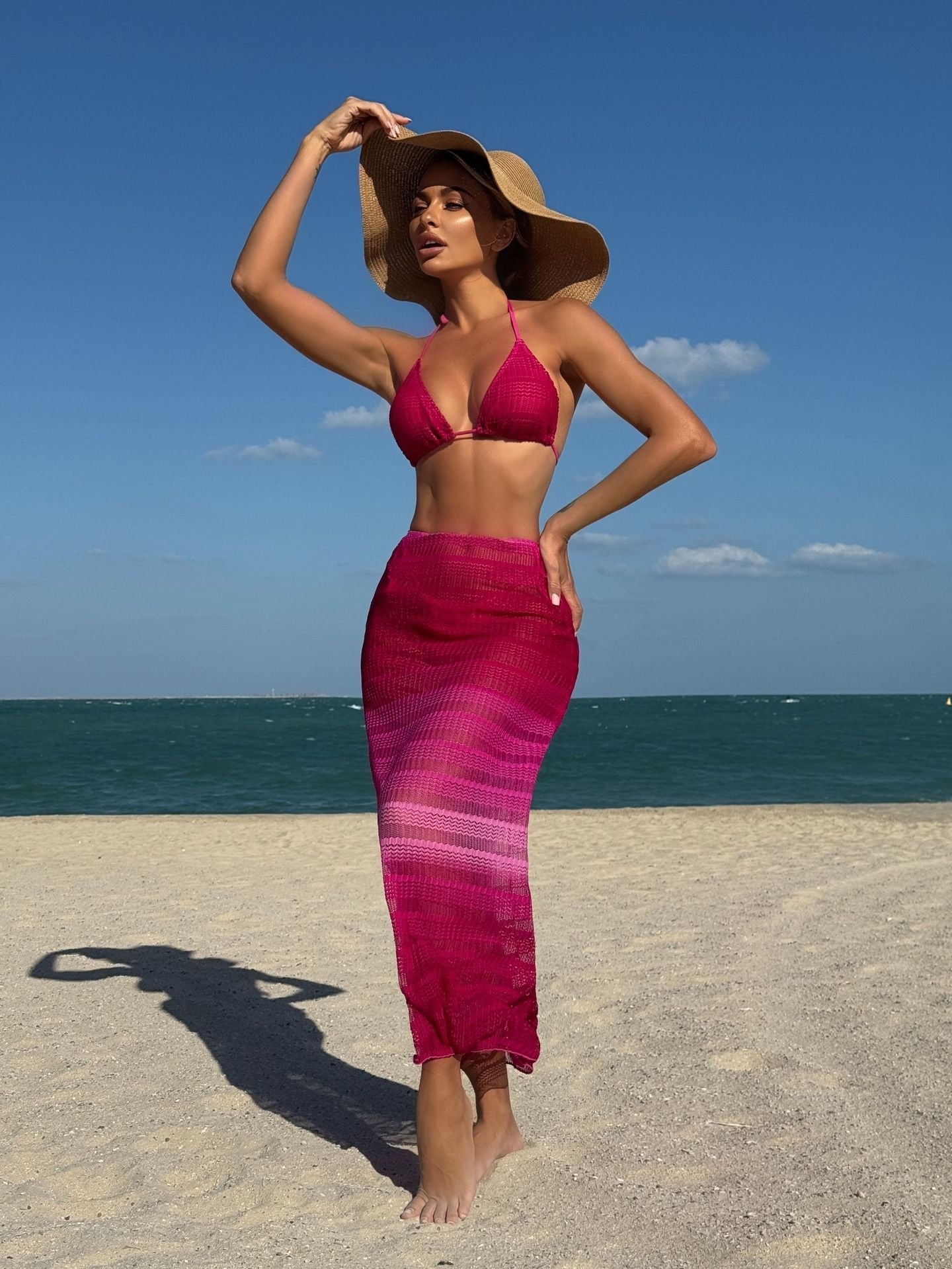Gradient Mesh Bikini Beach Maxi Dress Three-piece Set