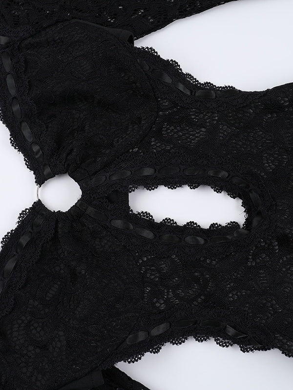 Black Lace Long-sleeved Jumpsuit Shorts
