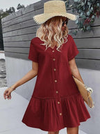 Single Row V-neck Loose-fit Short Sleeve Mini&Short Dresses