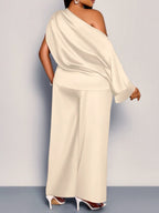 Satin Sloping Shoulders Short Sleeve Jacket Wide-leg Pants Set 2-piece Sets