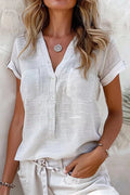 V Neck Rolled Sleeves Button Up Basic Shirt