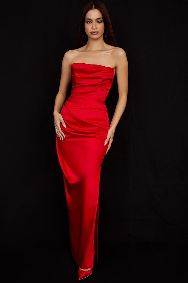 Strapless Cowl Neck Ruched Satin High Slit Maxi Dress
