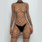 Long sleeve high neck fishnet hollow out lingerie set  | Festival Outfits Women