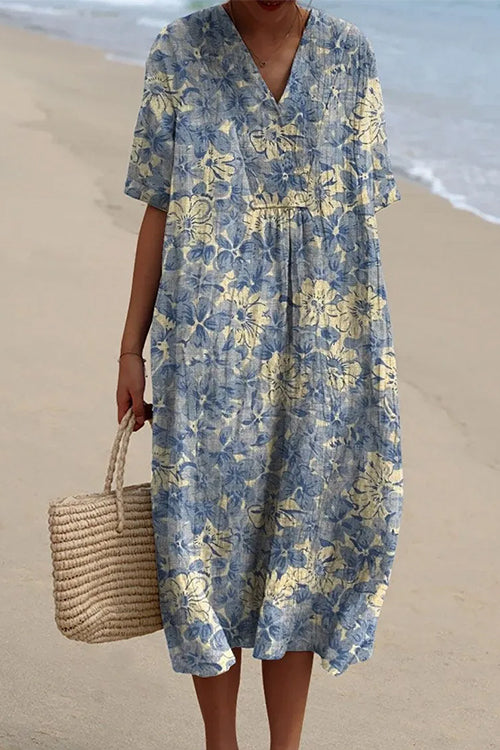 V Neck Short Sleeves Floral Print Loose Midi Vacation Dress
