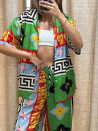 Printed Vacation Long-sleeved Shirt Pants Wide Leg Set 2-piece Sets