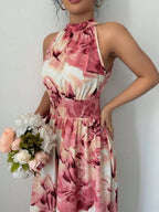 Printed Halter Sleeveless Vacation And Leisure Maxi Dresses