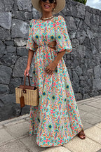 Puff Sleeves Backless Lace-up Printed Maxi Vacation Dress