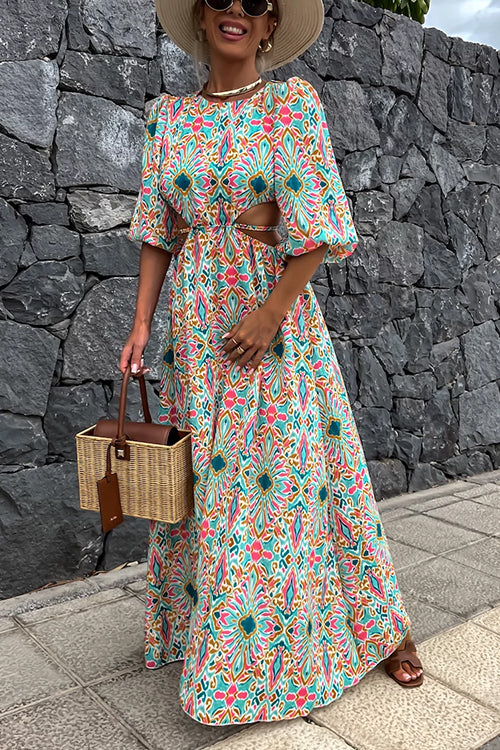 Puff Sleeves Backless Lace-up Printed Maxi Vacation Dress