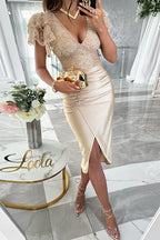 V Neck Ruffle Sleeves Slit Sequin Midi Party Dress